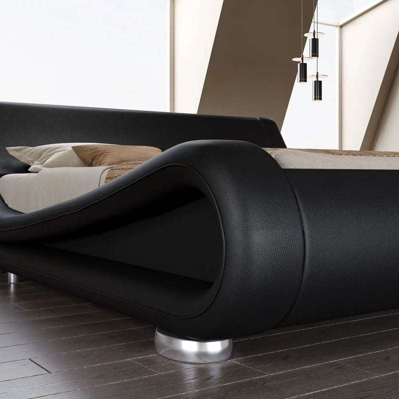King Modern Black Upholstered Platform Bed Frame with Sleigh Curved Headboard by HomePacific