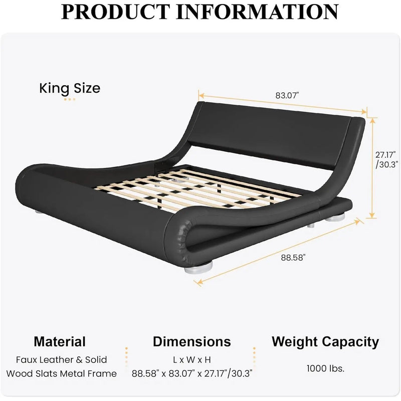 King Modern Black Upholstered Platform Bed Frame with Sleigh Curved Headboard by HomePacific