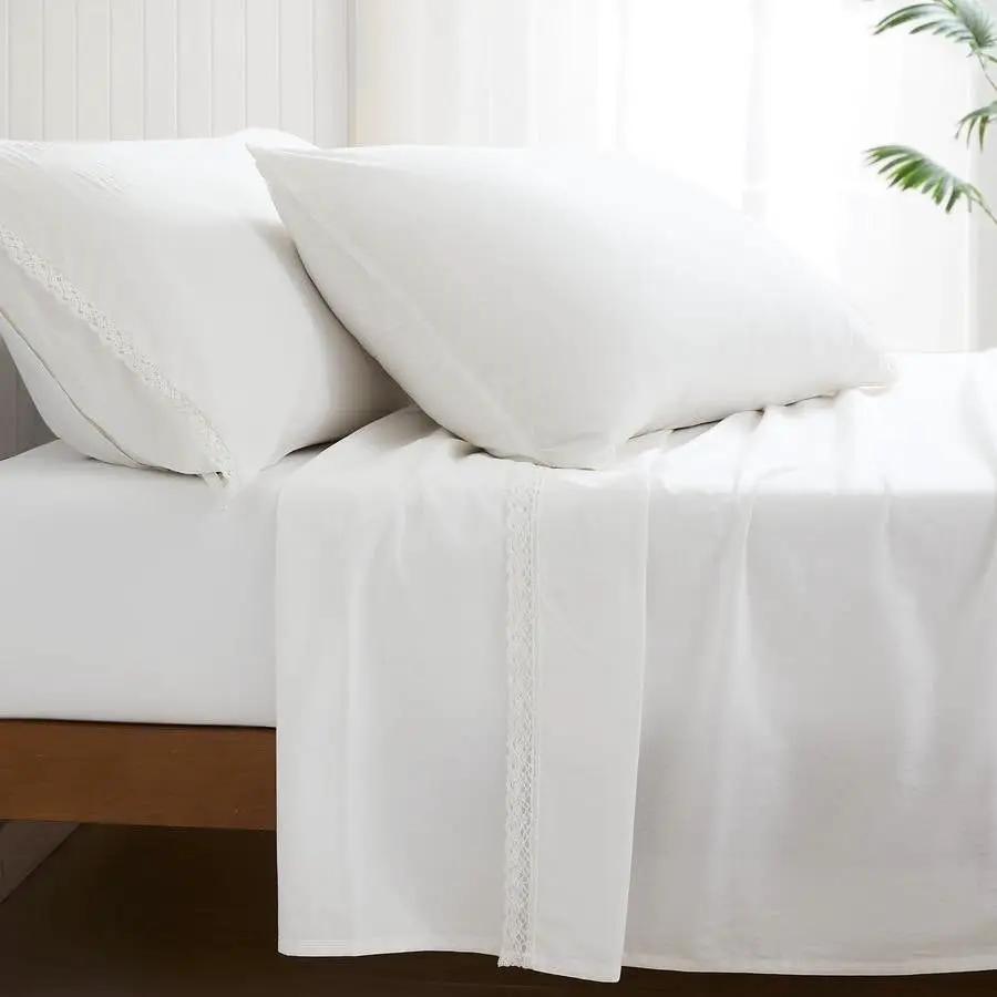 King Size 4 Piece 100-Percent Cotton Sheet Set in White with Lace Trim by HomePacific
