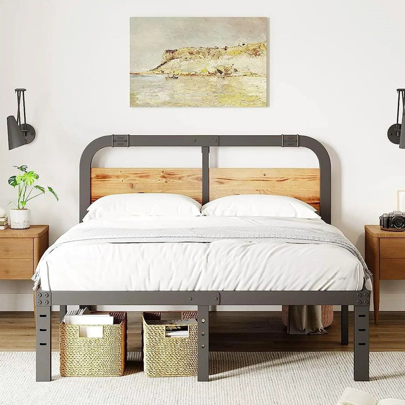King Heavy Duty Black Metal Bed Frame with Solid Wood Panel Headboard by HomePacific