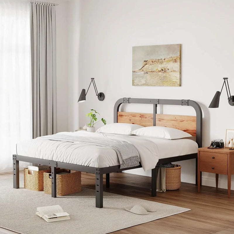 King Heavy Duty Black Metal Bed Frame with Solid Wood Panel Headboard by HomePacific