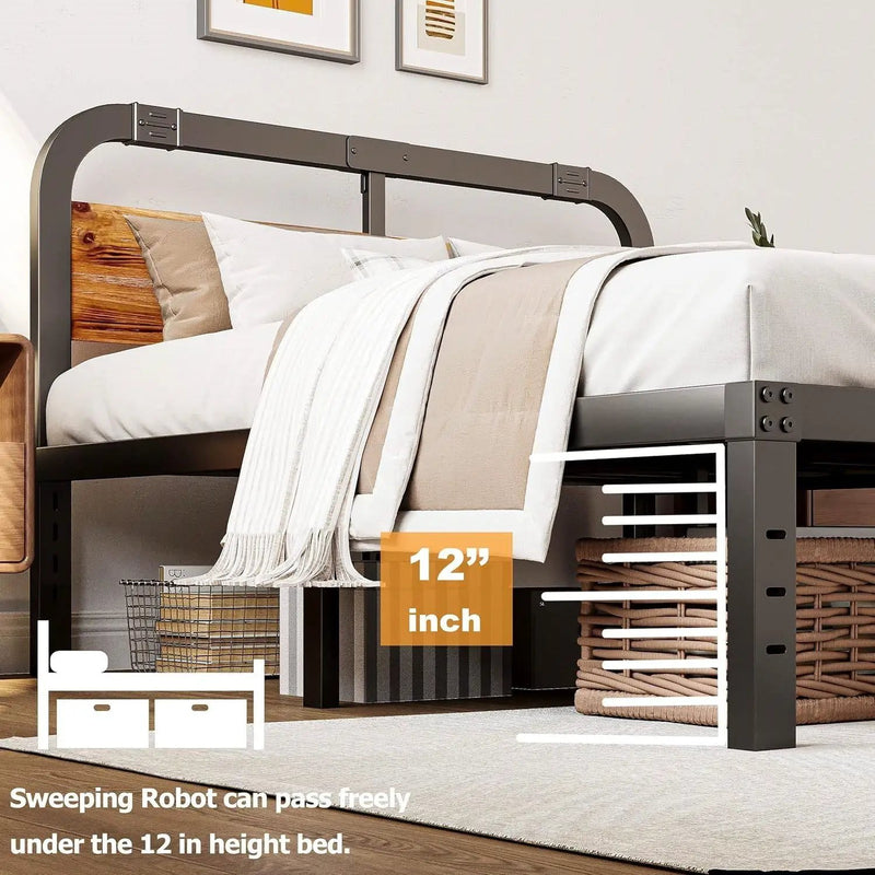 King Heavy Duty Black Metal Bed Frame with Solid Wood Panel Headboard by HomePacific