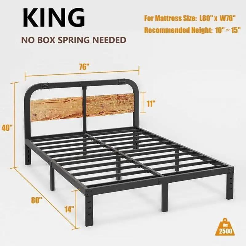 King Heavy Duty Black Metal Bed Frame with Solid Wood Panel Headboard by HomePacific