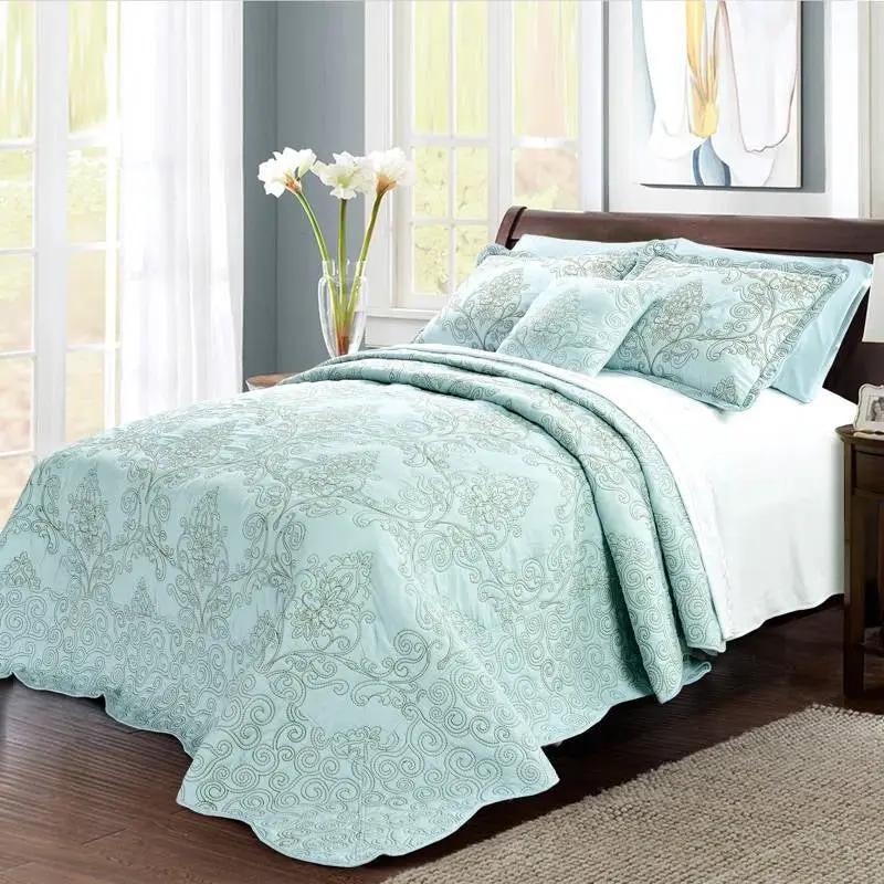 King size Light Blue Damask Embroidered 4 Piece Oversized Bedspread Set by HomePacific