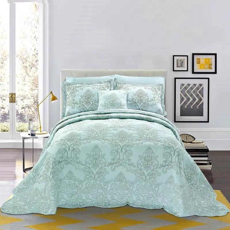 King size Light Blue Damask Embroidered 4 Piece Oversized Bedspread Set by HomePacific