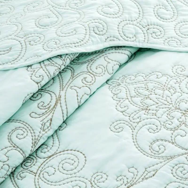 King size Light Blue Damask Embroidered 4 Piece Oversized Bedspread Set by HomePacific