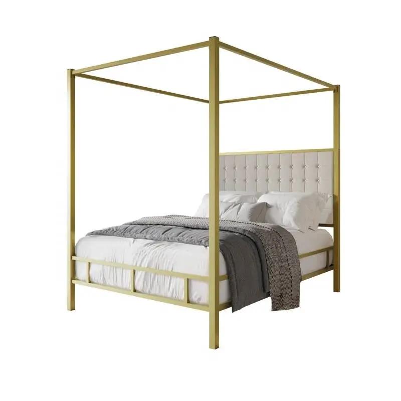 King size Gold Metal Canopy Bed with Upholstered Button-Tufted Headboard by HomePacific