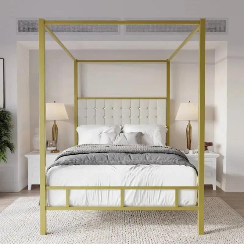 King size Gold Metal Canopy Bed with Upholstered Button-Tufted Headboard by HomePacific