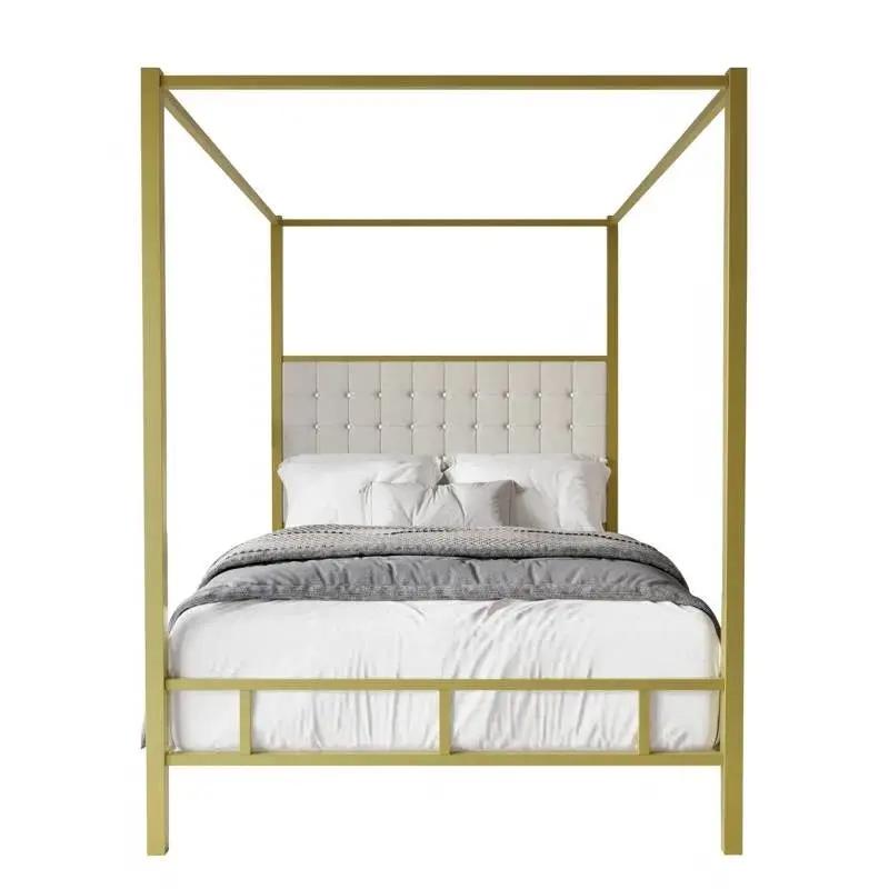 King size Gold Metal Canopy Bed with Upholstered Button-Tufted Headboard by HomePacific