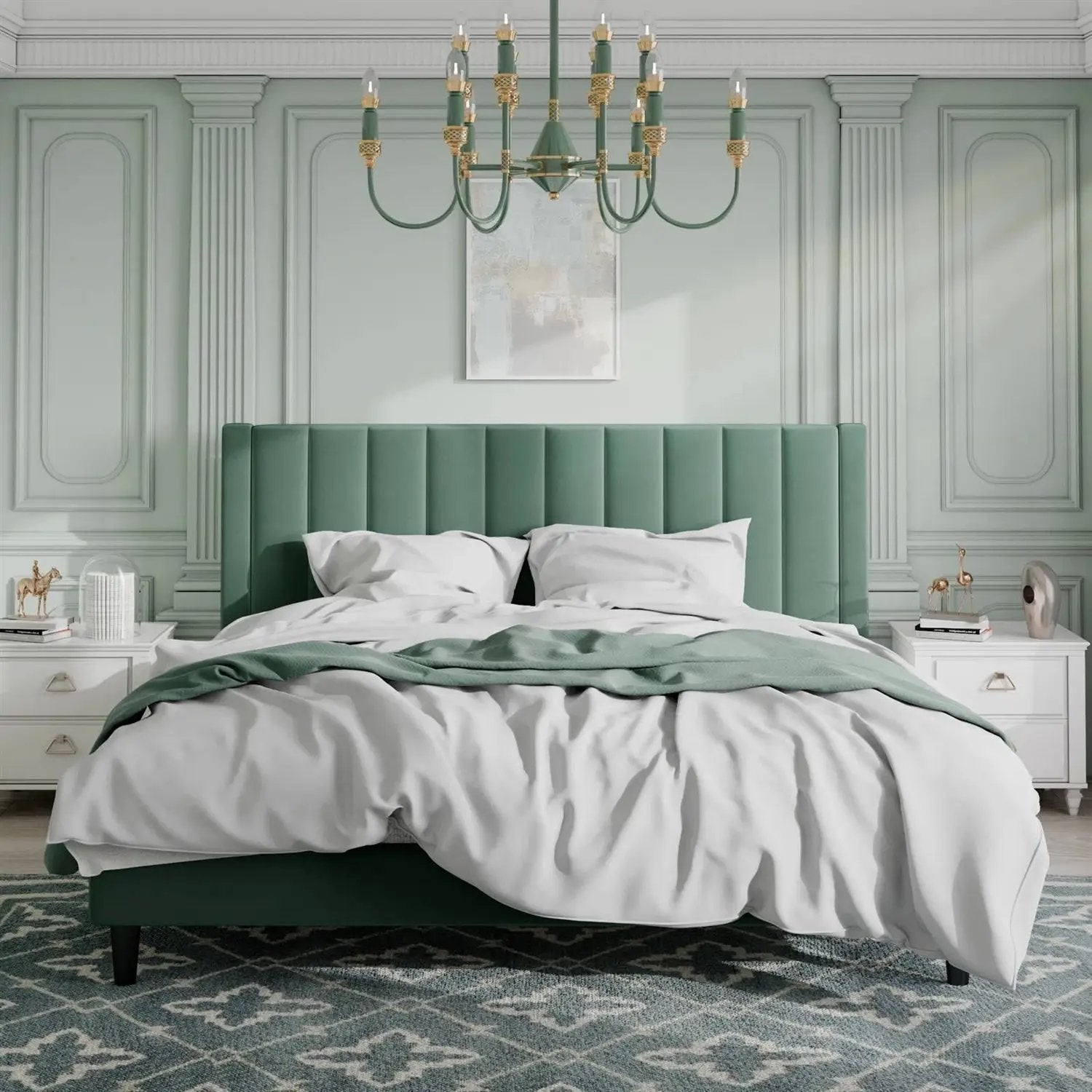 King size Green Velvet Upholstered Platform Bed Frame with Headboard by HomePacific