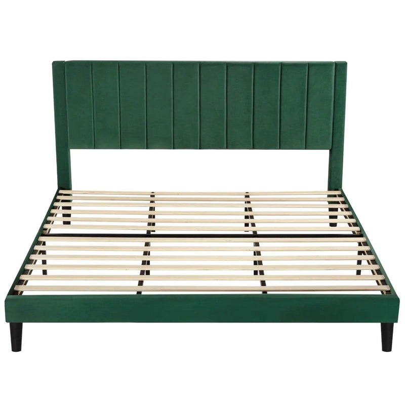 King size Green Velvet Upholstered Platform Bed Frame with Headboard by HomePacific