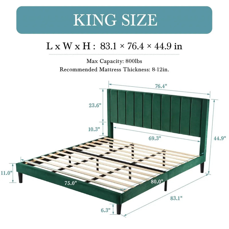 King size Green Velvet Upholstered Platform Bed Frame with Headboard by HomePacific