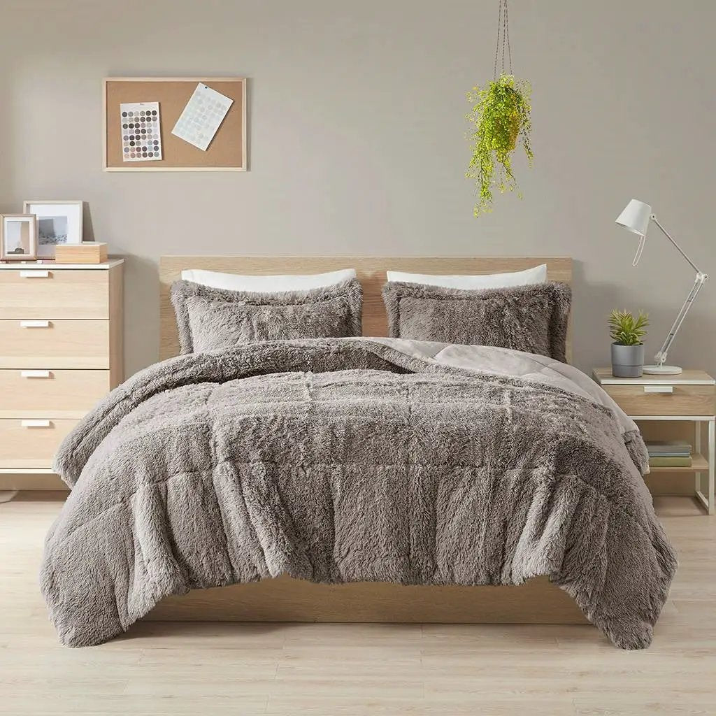 King/CAL King Grey Soft Sherpa Faux Fur 3-Piece Comforter Set with Pillow Shams by HomePacific