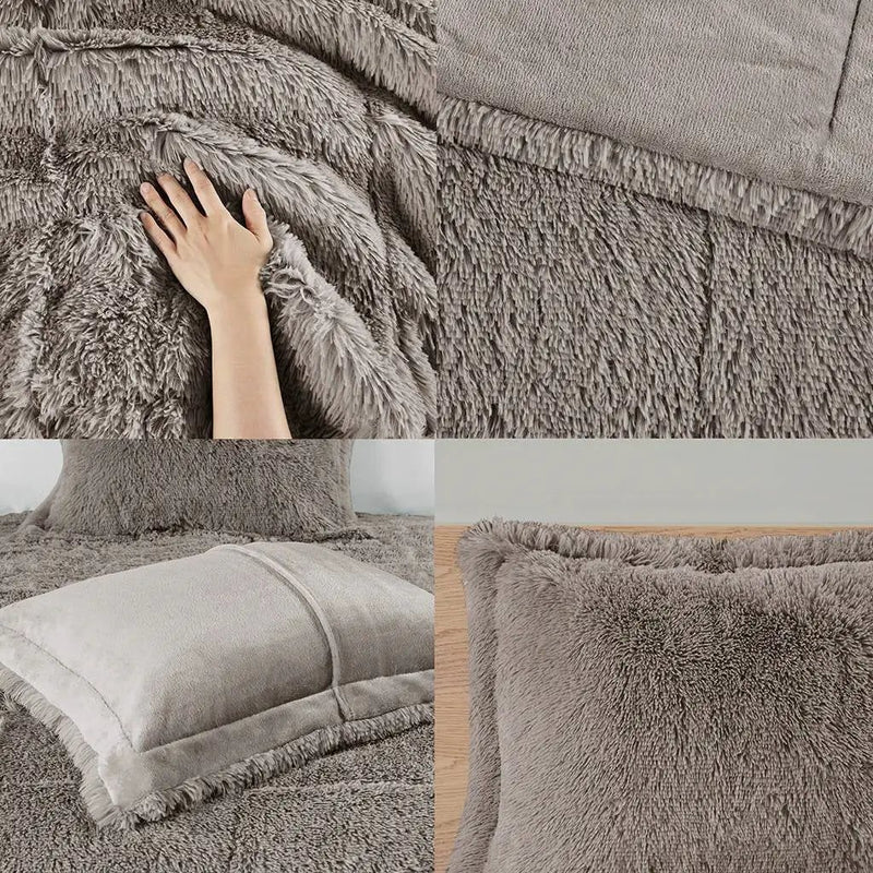 King/CAL King Grey Soft Sherpa Faux Fur 3-Piece Comforter Set with Pillow Shams by HomePacific