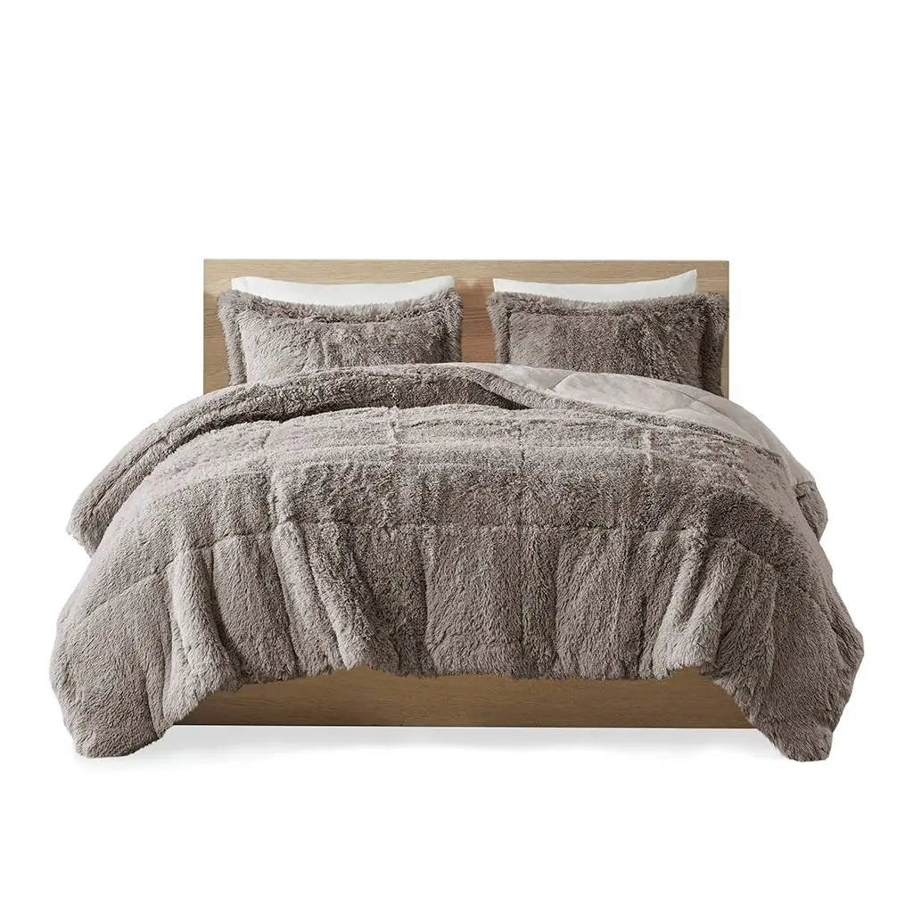 King/CAL King Grey Soft Sherpa Faux Fur 3-Piece Comforter Set with Pillow Shams by HomePacific