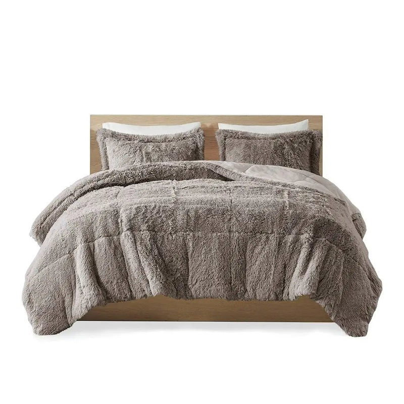 King/CAL King Grey Soft Sherpa Faux Fur 3-Piece Comforter Set with Pillow Shams by HomePacific