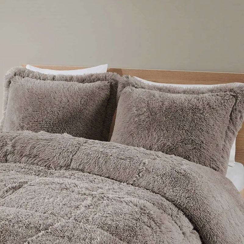 King/CAL King Grey Soft Sherpa Faux Fur 3-Piece Comforter Set with Pillow Shams by HomePacific
