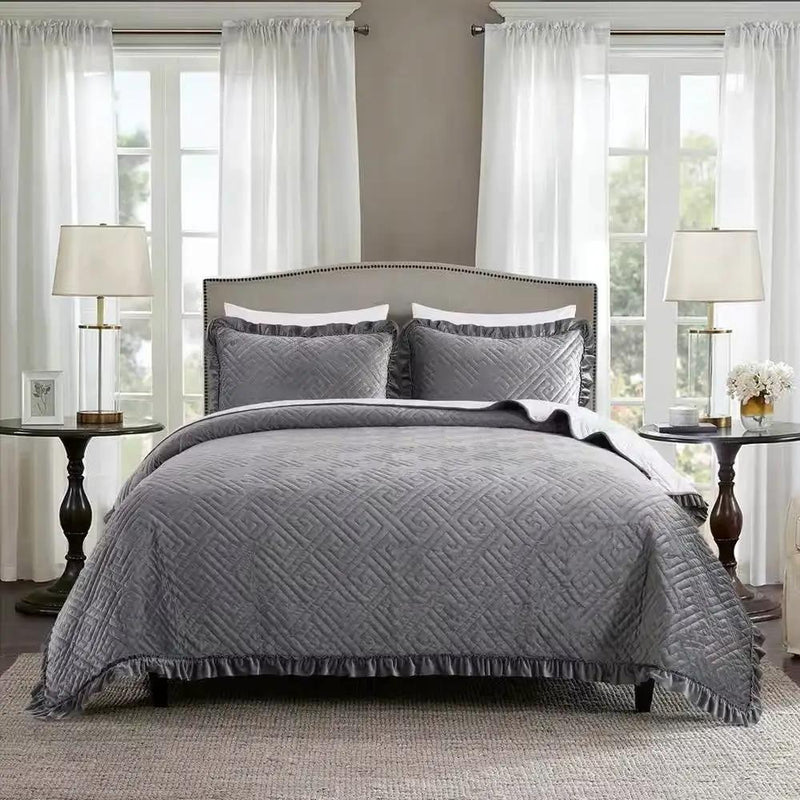 King Gray Charcoal Velvet Microfiber Polyester Reversible 3-Piece Quilt Set by HomePacific