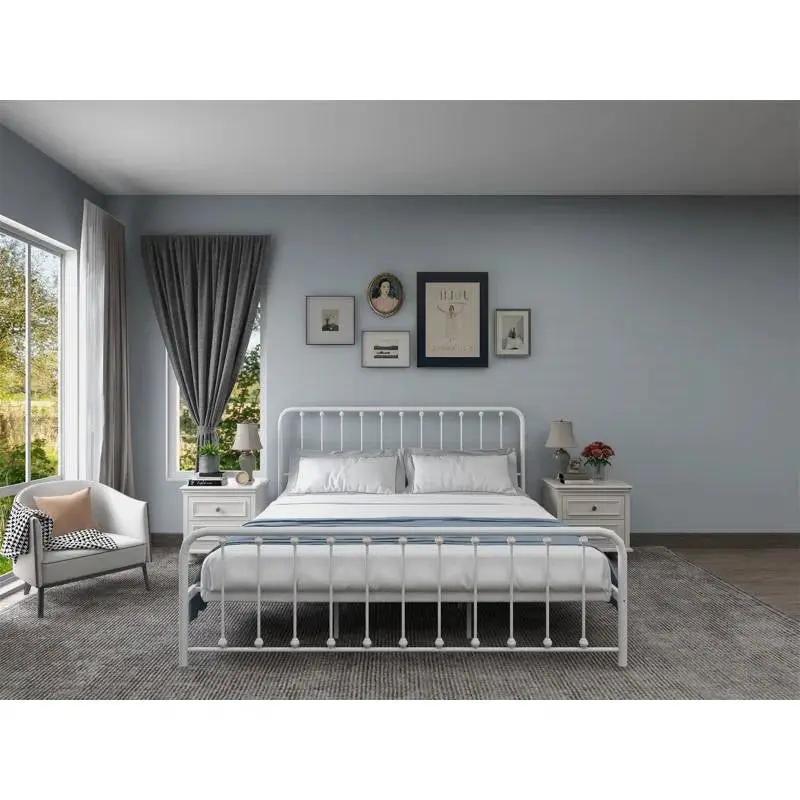 King White Metal Platform Bed Frame with Rounded Corners Headboard Footboard by HomePacific