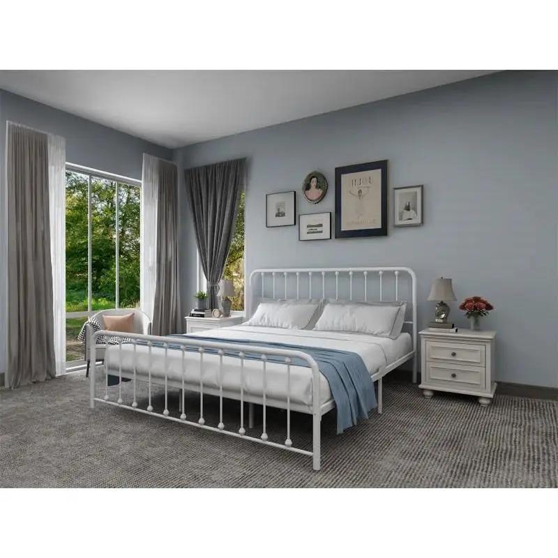 King White Metal Platform Bed Frame with Rounded Corners Headboard Footboard by HomePacific