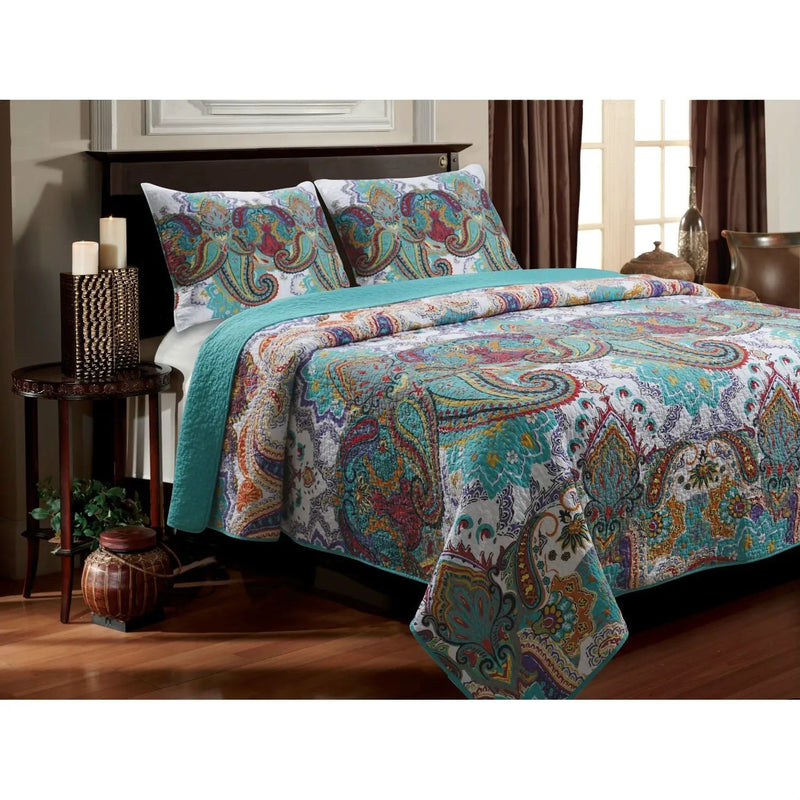 King size 100-Percent Cotton Quilt Set in Teal Paisley Pattern - Preshrunk by HomePacific