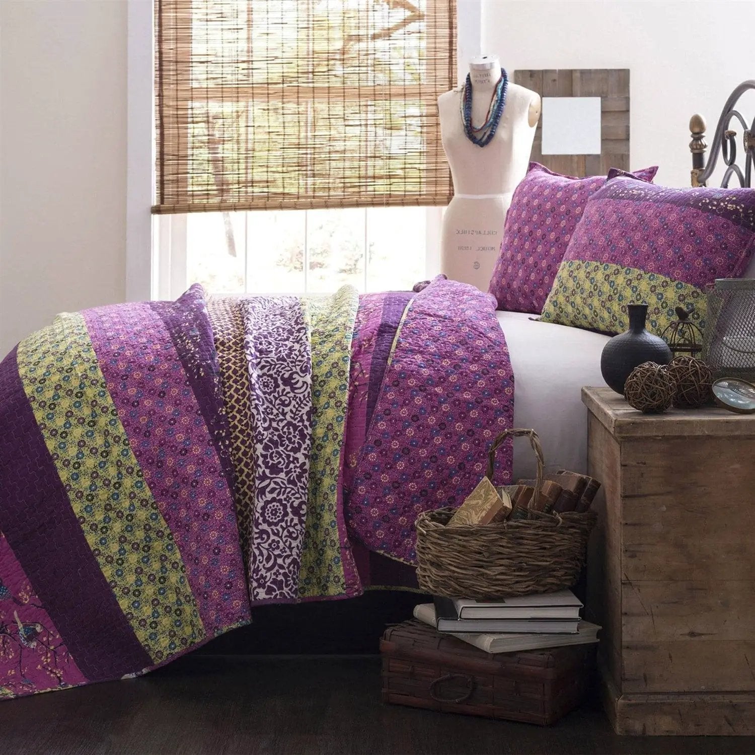 King size Vibrant Purple Yellow Boho Floral Reversible Lightweight Quilt Set by HomePacific