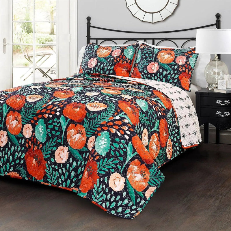 King size Boho Floral Red Poppy Navy Teal Lightweight 3 Piece Cotton Quilt Set by HomePacific