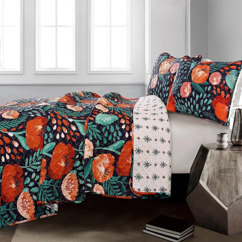 King size Boho Floral Red Poppy Navy Teal Lightweight 3 Piece Cotton Quilt Set by HomePacific