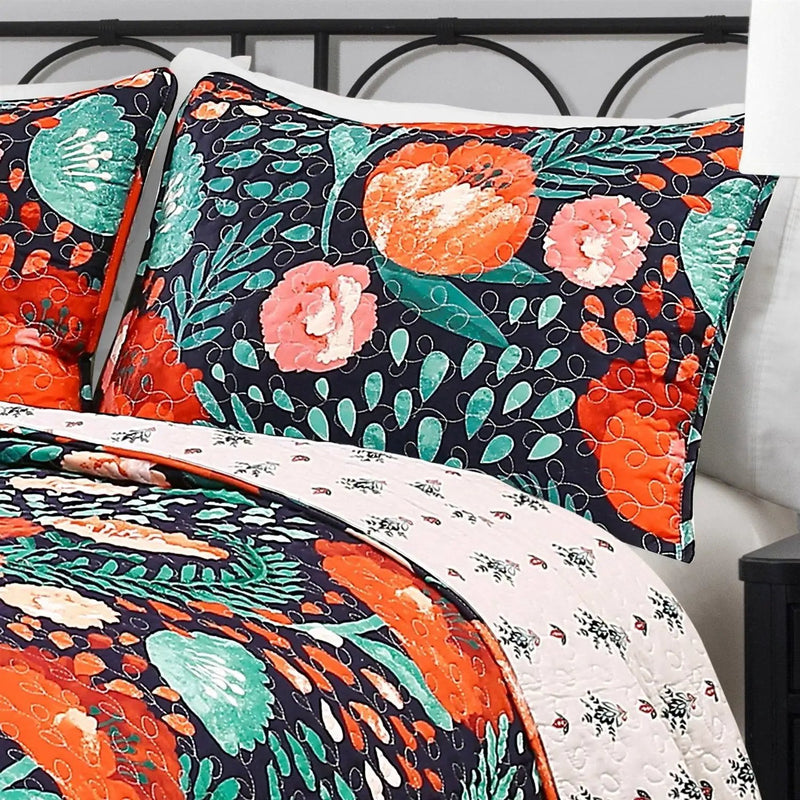 King size Boho Floral Red Poppy Navy Teal Lightweight 3 Piece Cotton Quilt Set by HomePacific