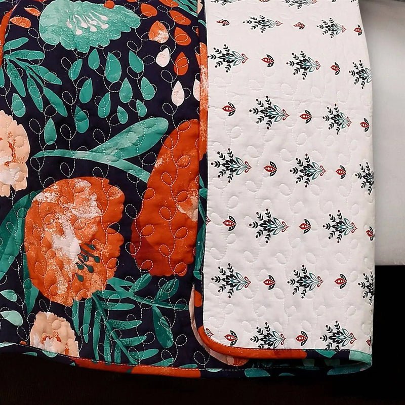 King size Boho Floral Red Poppy Navy Teal Lightweight 3 Piece Cotton Quilt Set by HomePacific