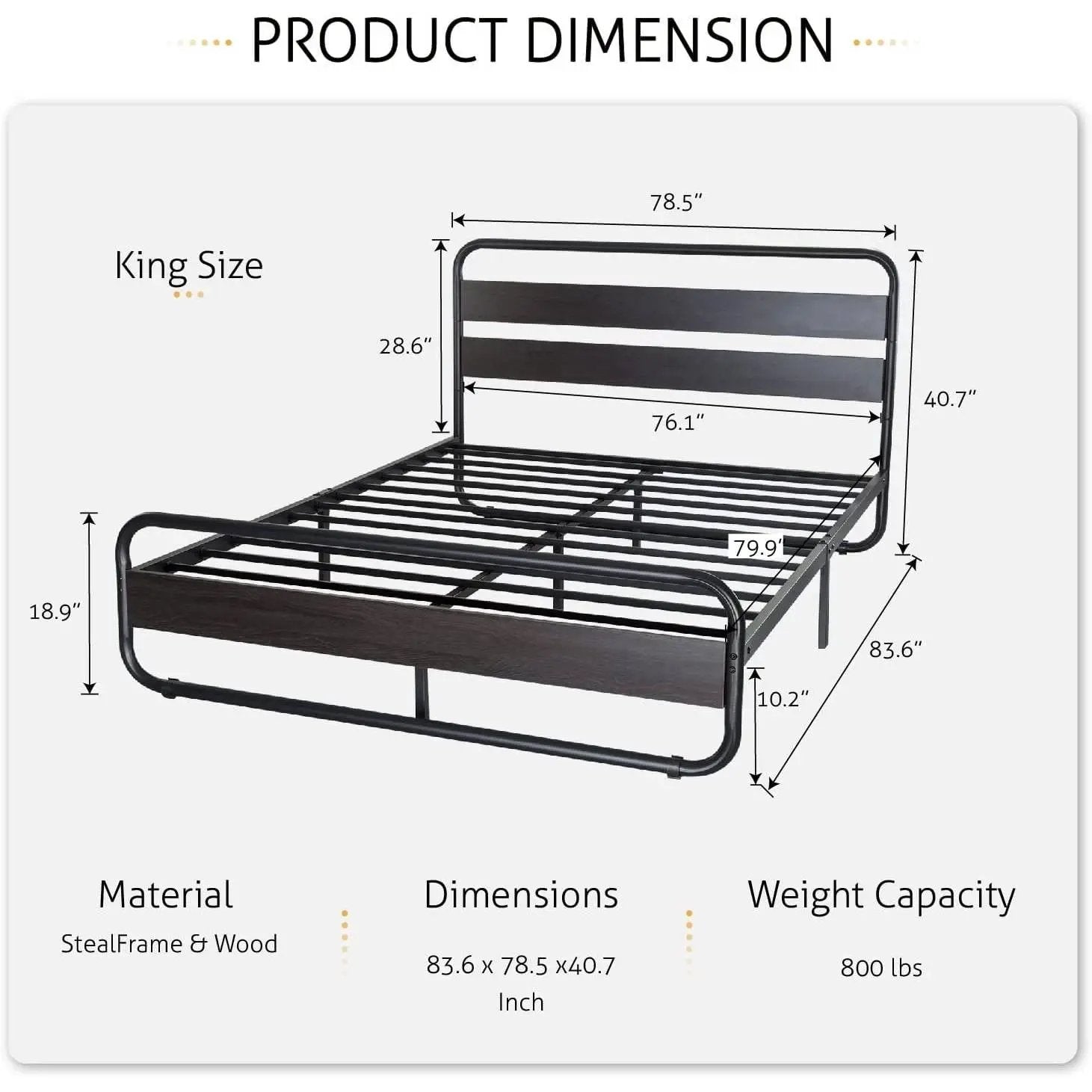 King Heavy Duty Round Metal Frame Platform Bed with Black Wood Panel Headboard by HomePacific