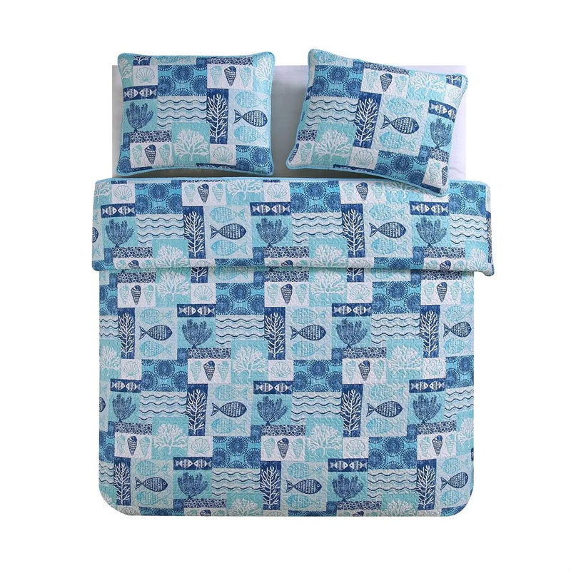 King size Aqua Blue Cream Beach Sea Shells Coral Fish Coastal 3-Piece Quilt Set by HomePacific
