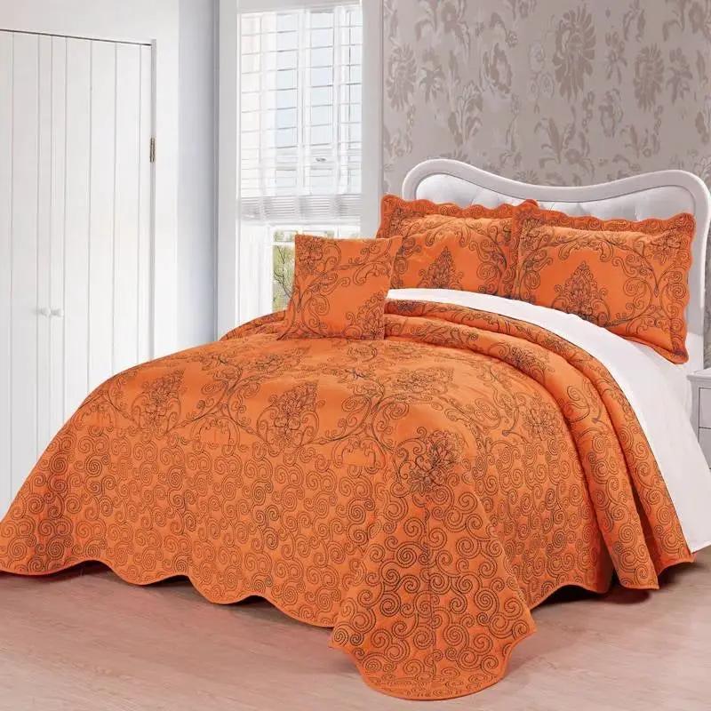King size Orange Nectarine Damask Embroidered 4 Piece Oversized Bedspread Set by HomePacific