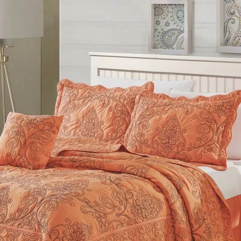 King size Orange Nectarine Damask Embroidered 4 Piece Oversized Bedspread Set by HomePacific