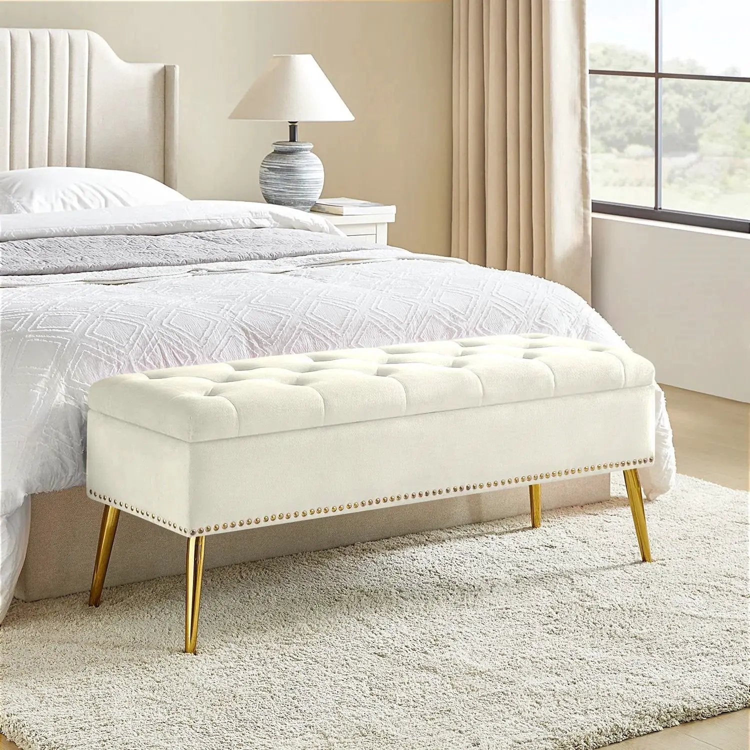 Mid-Century Modern Bed Storage Bench with Ivory Velvet Seat and Gold Legs by HomePacific