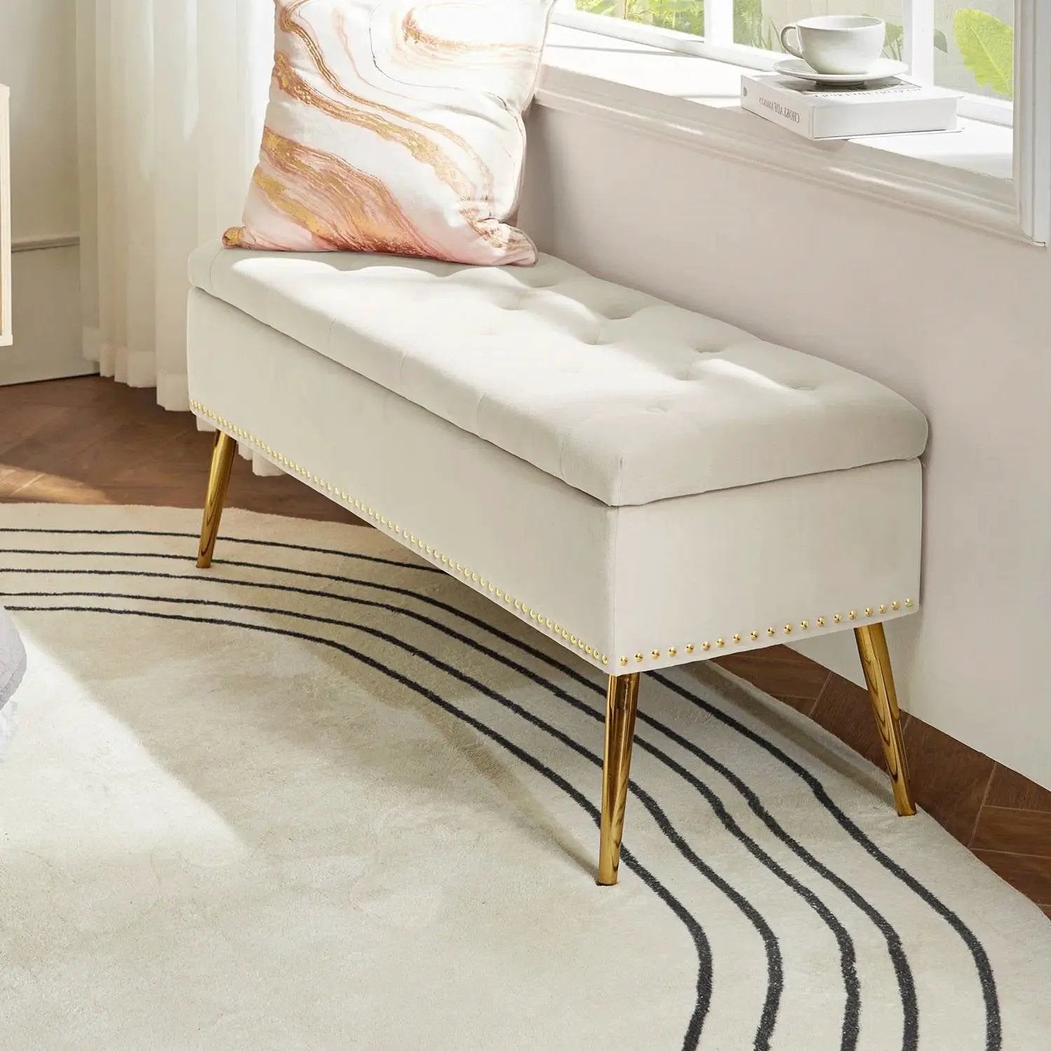 Mid-Century Modern Bed Storage Bench with Ivory Velvet Seat and Gold Legs by HomePacific