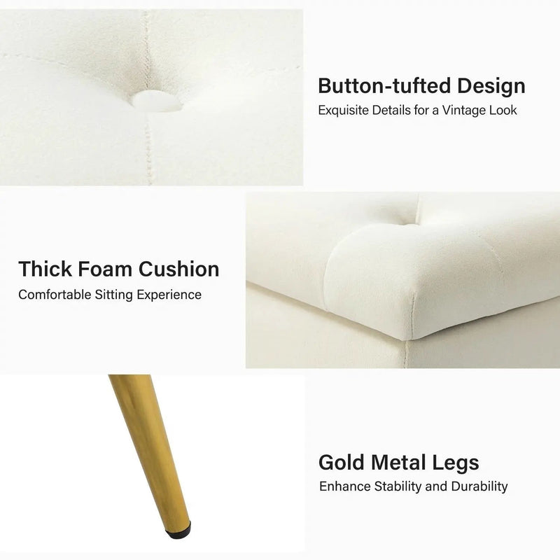 Mid-Century Modern Bed Storage Bench with Ivory Velvet Seat and Gold Legs by HomePacific