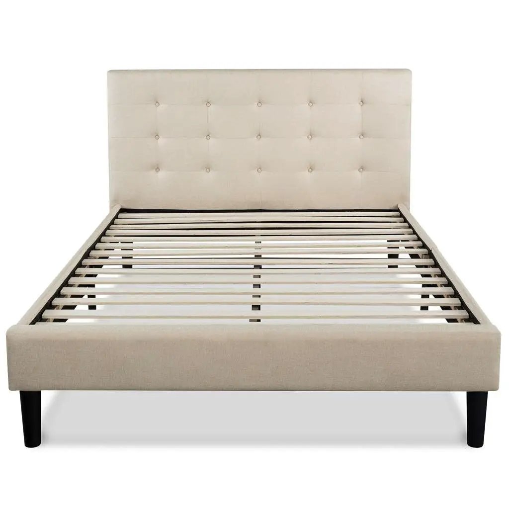 King size Upholstered Platform Bed Frame with Button Tufted Headboard in Taupe by HomePacific
