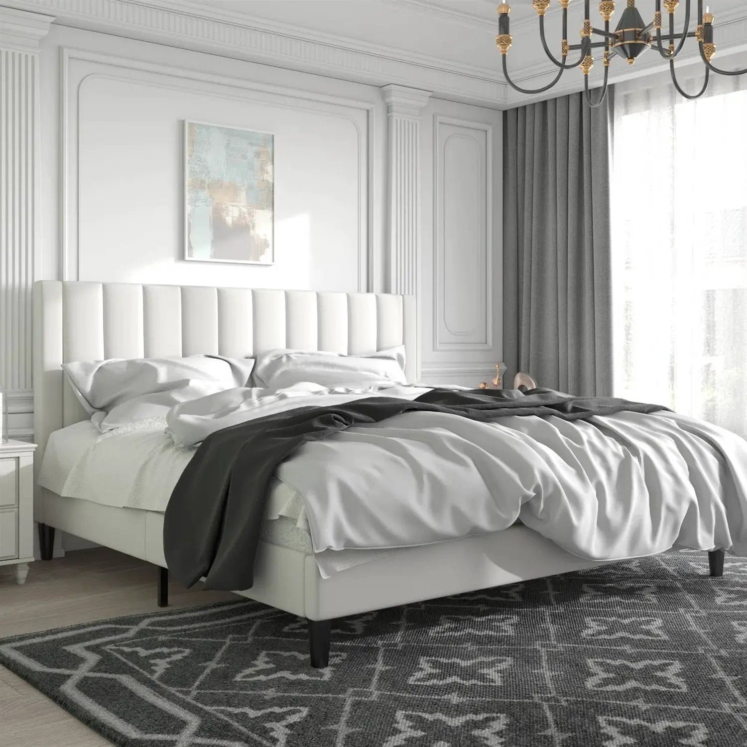 King size White Velvet Upholstered Platform Bed Frame with Headboard by HomePacific