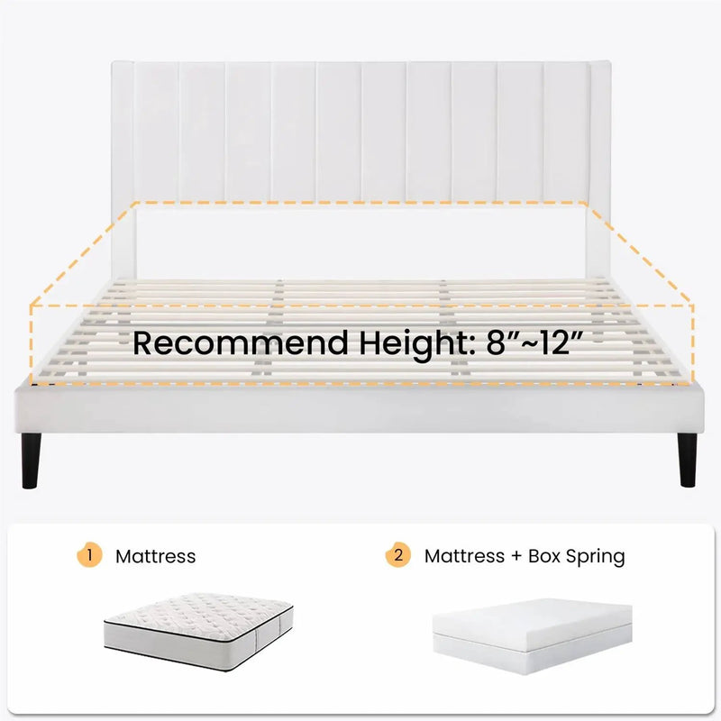 King size White Velvet Upholstered Platform Bed Frame with Headboard by HomePacific