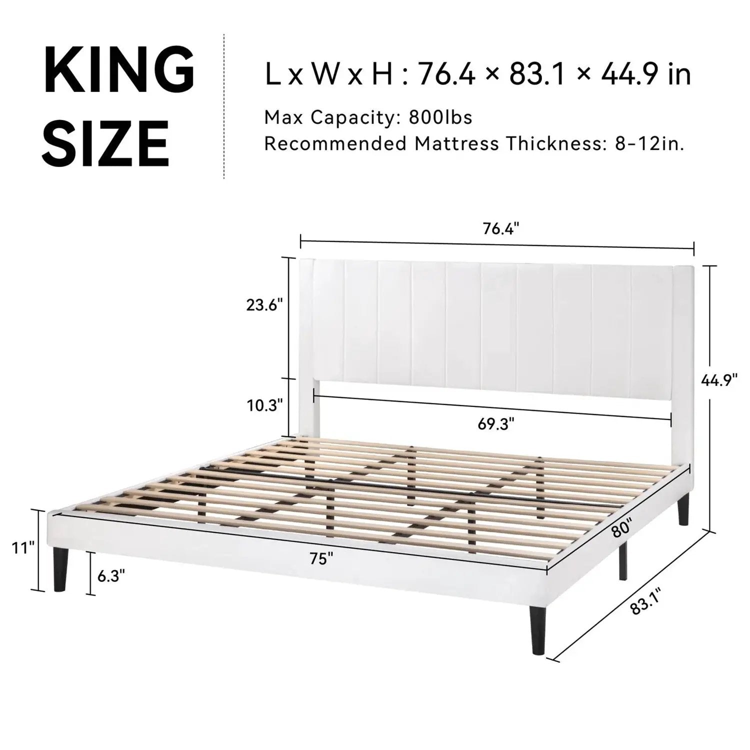 King size White Velvet Upholstered Platform Bed Frame with Headboard by HomePacific