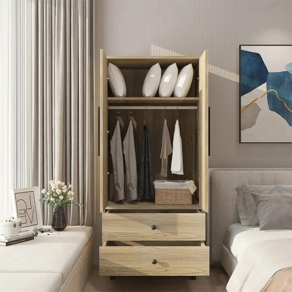 Mid-Century 2-Door Armoire Wardrobe Cabinet with Hanging Rail in Oak Finish by HomePacific