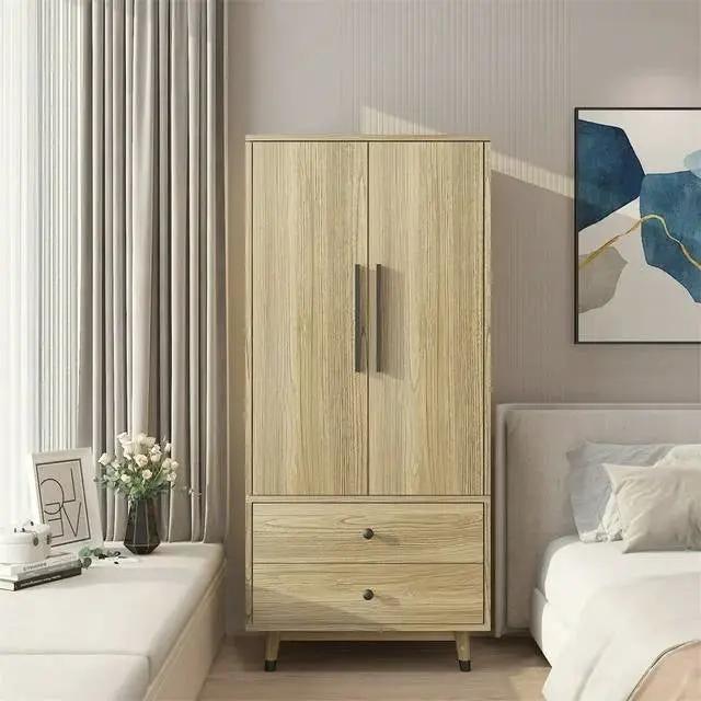 Mid-Century 2-Door Armoire Wardrobe Cabinet with Hanging Rail in Oak Finish by HomePacific