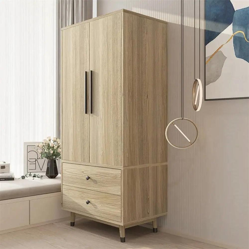 Mid-Century 2-Door Armoire Wardrobe Cabinet with Hanging Rail in Oak Finish by HomePacific