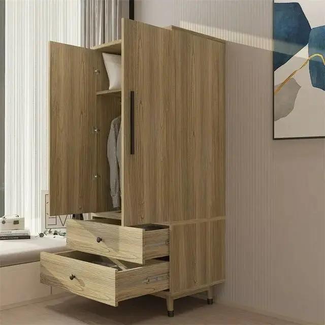 Mid-Century 2-Door Armoire Wardrobe Cabinet with Hanging Rail in Oak Finish by HomePacific