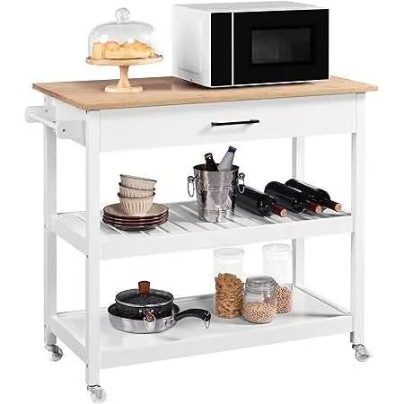 White Kitchen Island Cart with Drawer Storage Shelves and Locking Casters by HomePacific