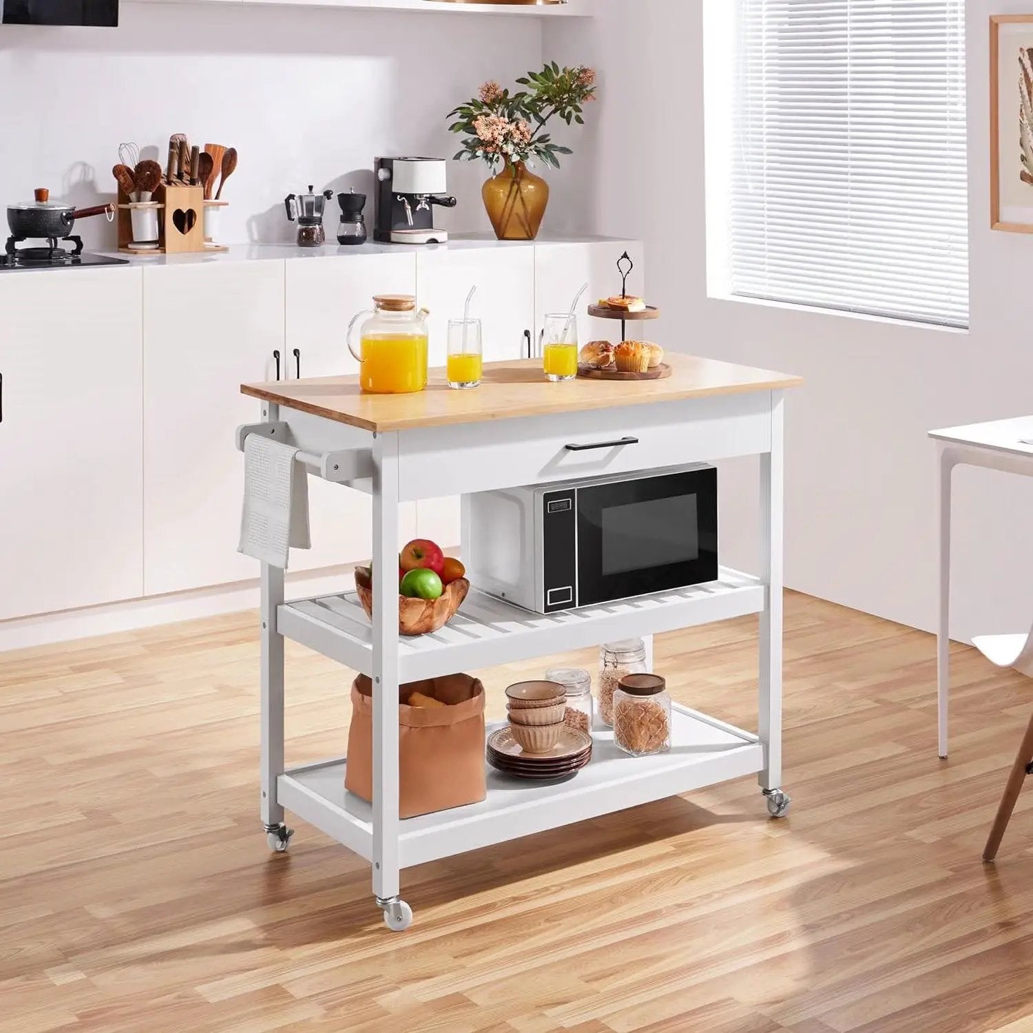 White Kitchen Island Cart with Drawer Storage Shelves and Locking Casters by HomePacific