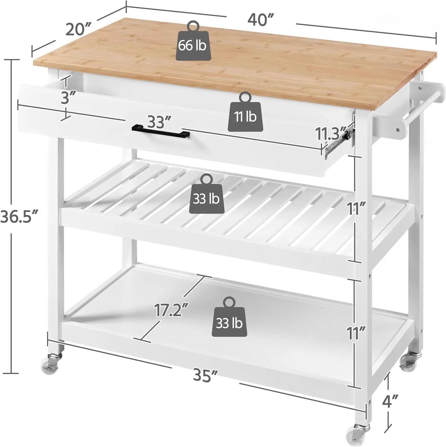 White Kitchen Island Cart with Drawer Storage Shelves and Locking Casters by HomePacific