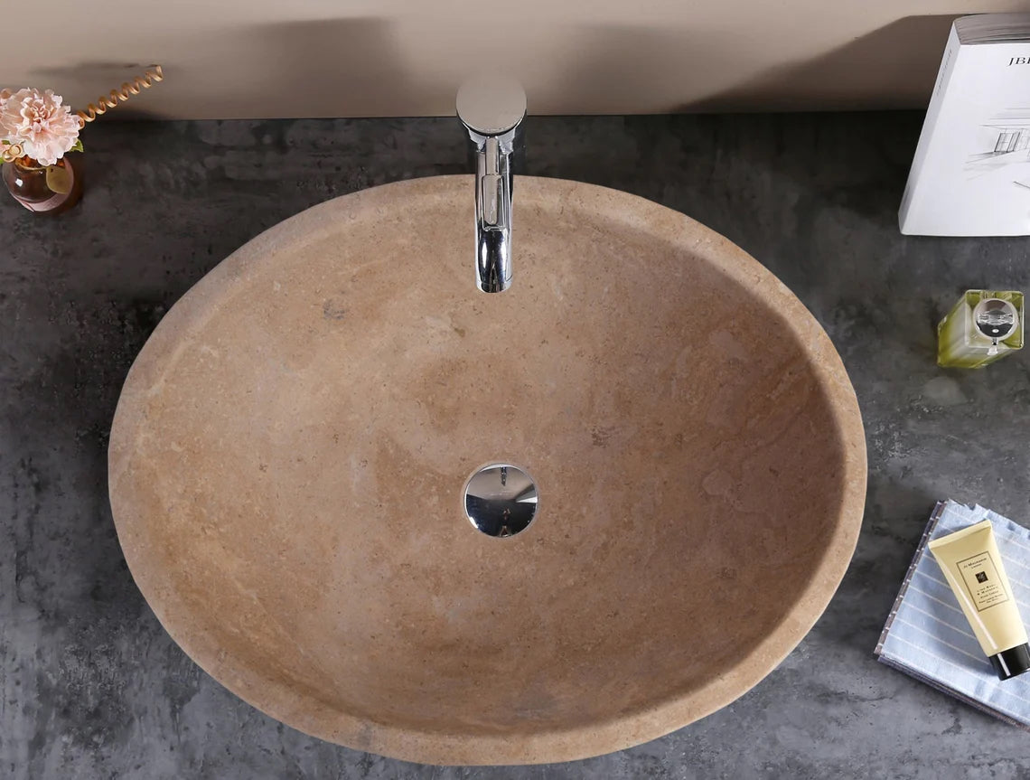 Karina Walnut Travertine Natural Stone Vessel Sink Honed and Filled (W)16" (L)20.5" (H)6" by GobekDesign