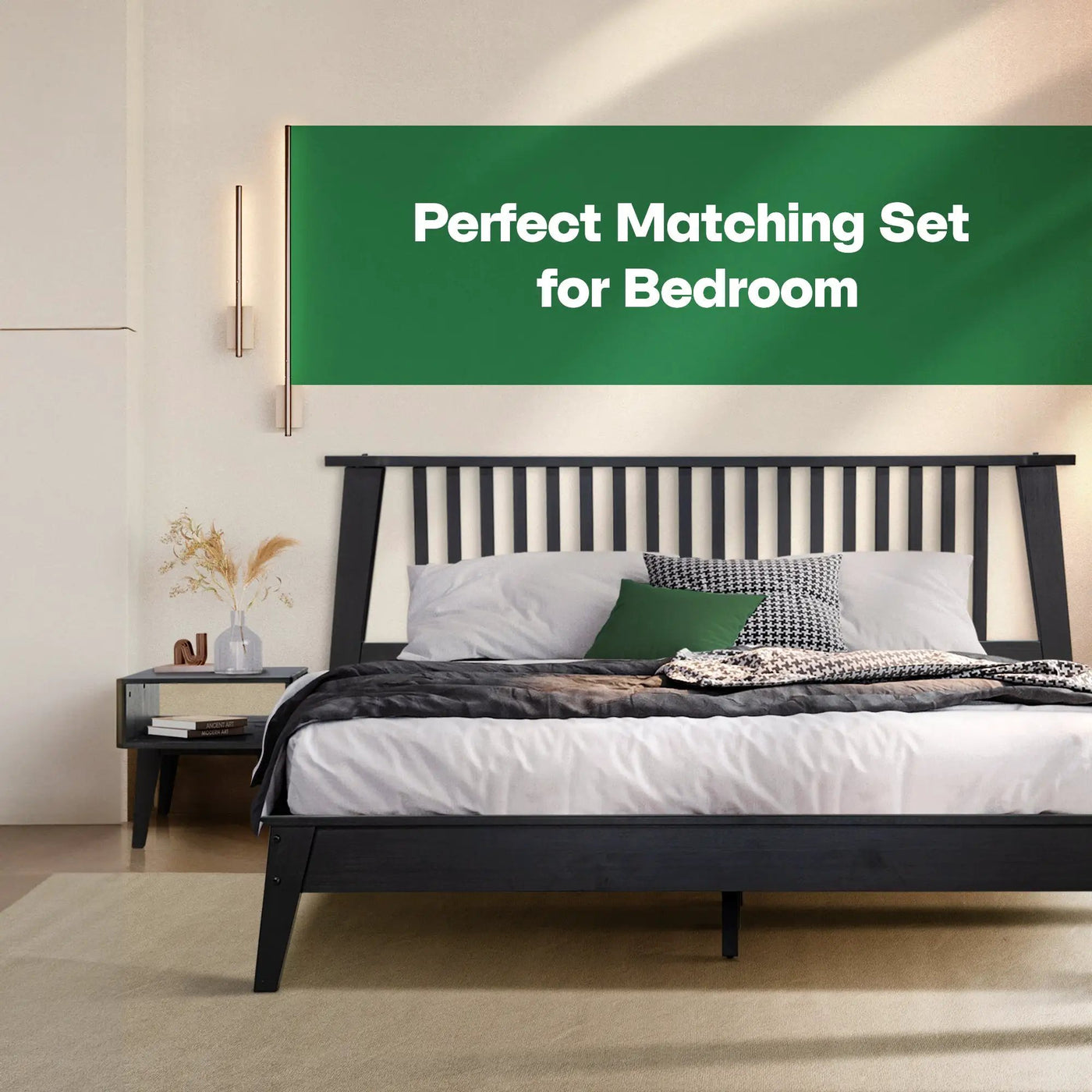 [Buy 1 Get 1] Kaylin Solid Wood Bed Frame & Nightstand by Megsu